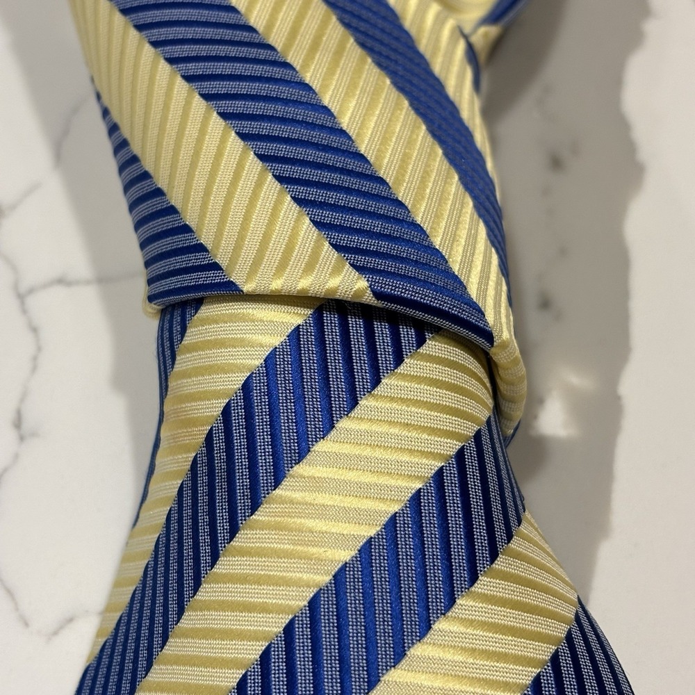 Vintage Giorgio Armani Neck Tie Blue Yellow Repp Diagonal Striped Silk Italy